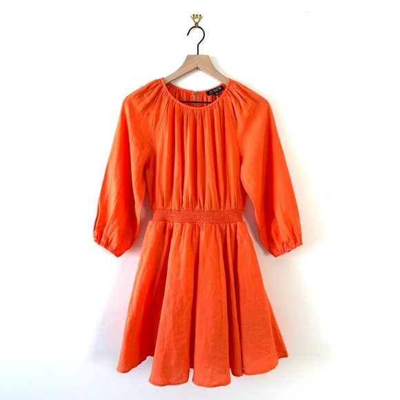 NEW J. Crew Palermo 100% Linen Smocked Waist Puff Sleeve Mini Dress Orange XXS - Picture 1 of 11